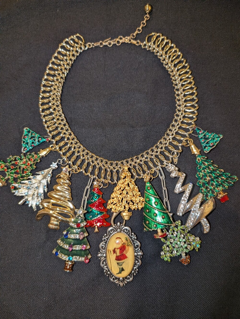 Fun Funky Artisan Holiday Necklace, Handmade of Vintage Christmas Tree Jewelry